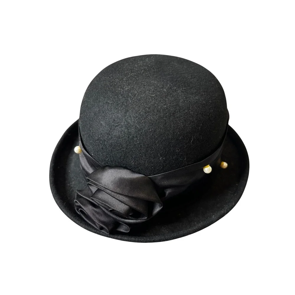 Lancaster Black 100% Wool Bowler Hat Satin Rose Faux Pearl Accents Made in USA